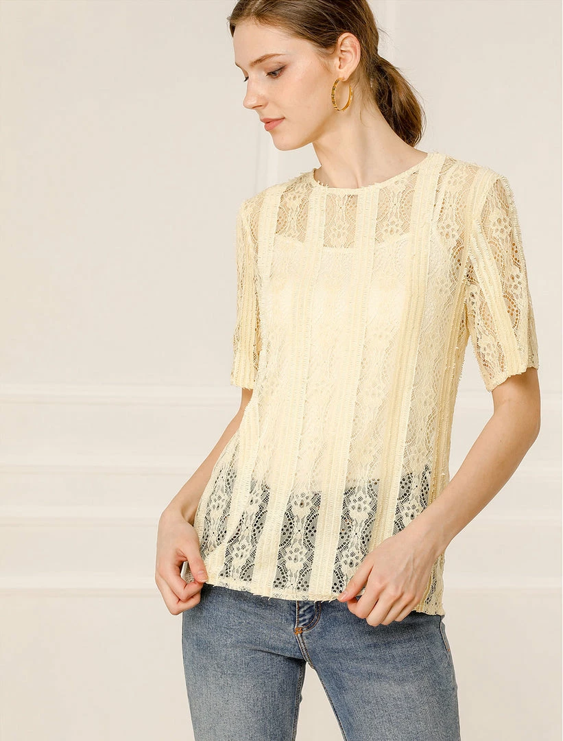 Allegra K Women's Lace Semi Sheer Short Sleeve Vintage Tops Shirts 4 Allegra K Women's Lace Semi Sheer Short Sleeve Vintage Tops Shirts