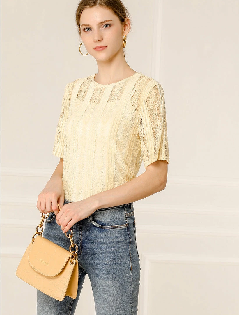 Allegra K Women's Lace Semi Sheer Short Sleeve Vintage Tops Shirts 5 Allegra K Women's Lace Semi Sheer Short Sleeve Vintage Tops Shirts