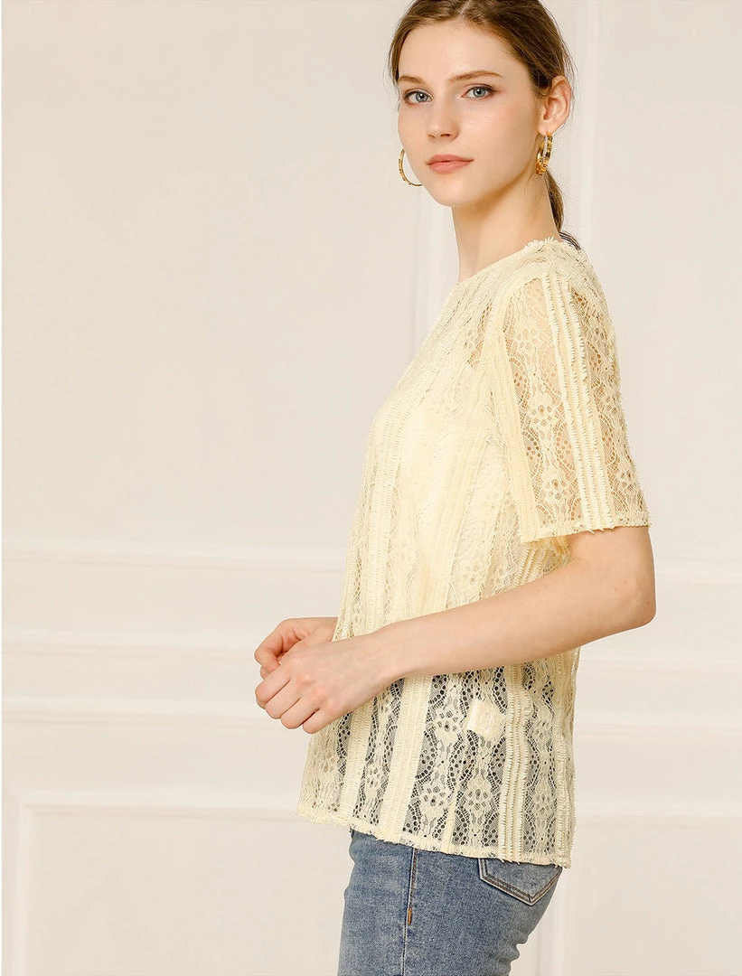 Allegra K Women's Lace Semi Sheer Short Sleeve Vintage Tops Shirts 6 Allegra K Women's Lace Semi Sheer Short Sleeve Vintage Tops Shirts