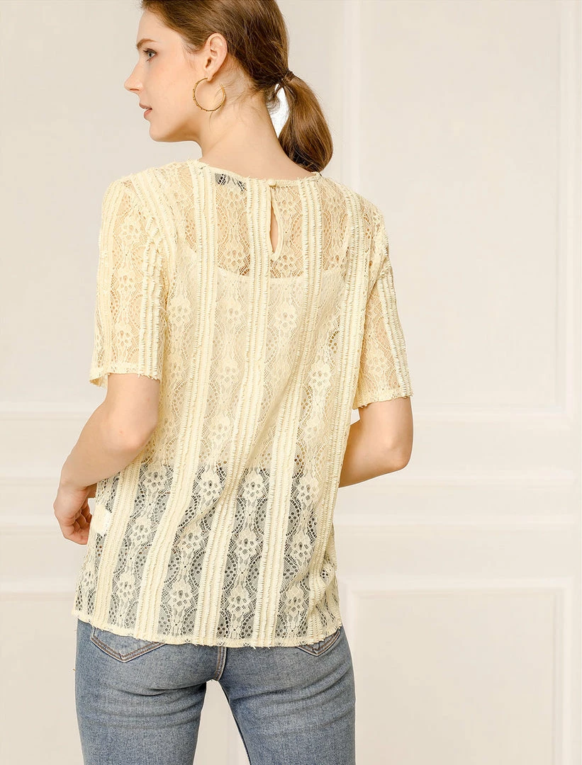 Allegra K Women's Lace Semi Sheer Short Sleeve Vintage Tops Shirts 7 Allegra K Women's Lace Semi Sheer Short Sleeve Vintage Tops Shirts