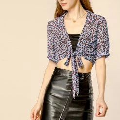 Allegra K Women's Leopard Printed Summer Bow Tie Chiffon Crop Top Blouse