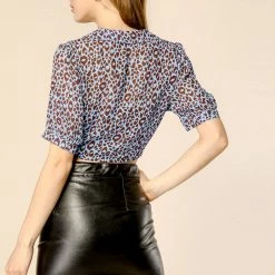 Allegra K Women's Leopard Printed Summer Bow Tie Chiffon Crop Top Blouse