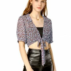 Allegra K Women's Leopard Printed Summer Bow Tie Chiffon Crop Top Blouse