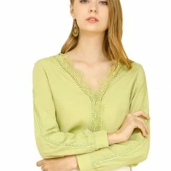 Allegra K Women's V Neck Casual Blouse Top Sweet Patchwork Crochet Lace Shirt