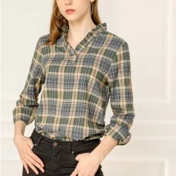 Allegra K Women's Ruffle Collar Cotton Blouse Plaid Shirts Long Sleeve Tops