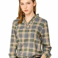 Allegra K Women's Ruffle Collar Cotton Blouse Plaid Shirts Long Sleeve Tops