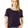 Allegra K Women's Work Ruffled Trim Cuff Round Neck Solid Top Knit T-Shirt