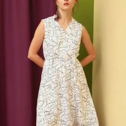 Allegra K Women's Vintage Tie V Neck Abstract Print Below Knee Summer Sleeveless Swing Sun Dress