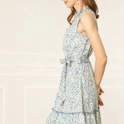 Allegra K Women's Floral Daisy Printed Half Placket Ruffle Hem A-Line Belted Sleeveless Dress