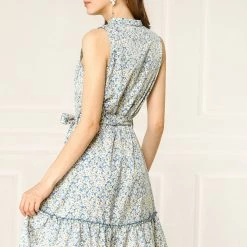 Allegra K Women's Floral Daisy Printed Half Placket Ruffle Hem A-Line Belted Sleeveless Dress