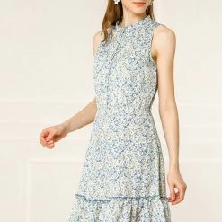 Allegra K Women's Floral Daisy Printed Half Placket Ruffle Hem A-Line Belted Sleeveless Dress