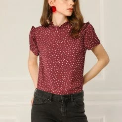 Allegra K Women's Ruffle Polkd Dots Stand Collar Short Sleeve Blouse Tops
