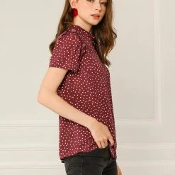 Allegra K Women's Ruffle Polkd Dots Stand Collar Short Sleeve Blouse Tops