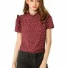 Allegra K Women's Ruffle Polkd Dots Stand Collar Short Sleeve Blouse Tops