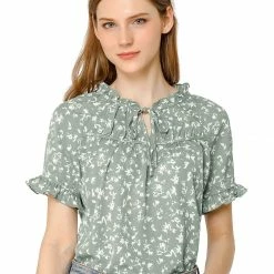 Allegra K Women's Floral Tie Neck Ruffle Short Sleeves Peasant Blouse Top