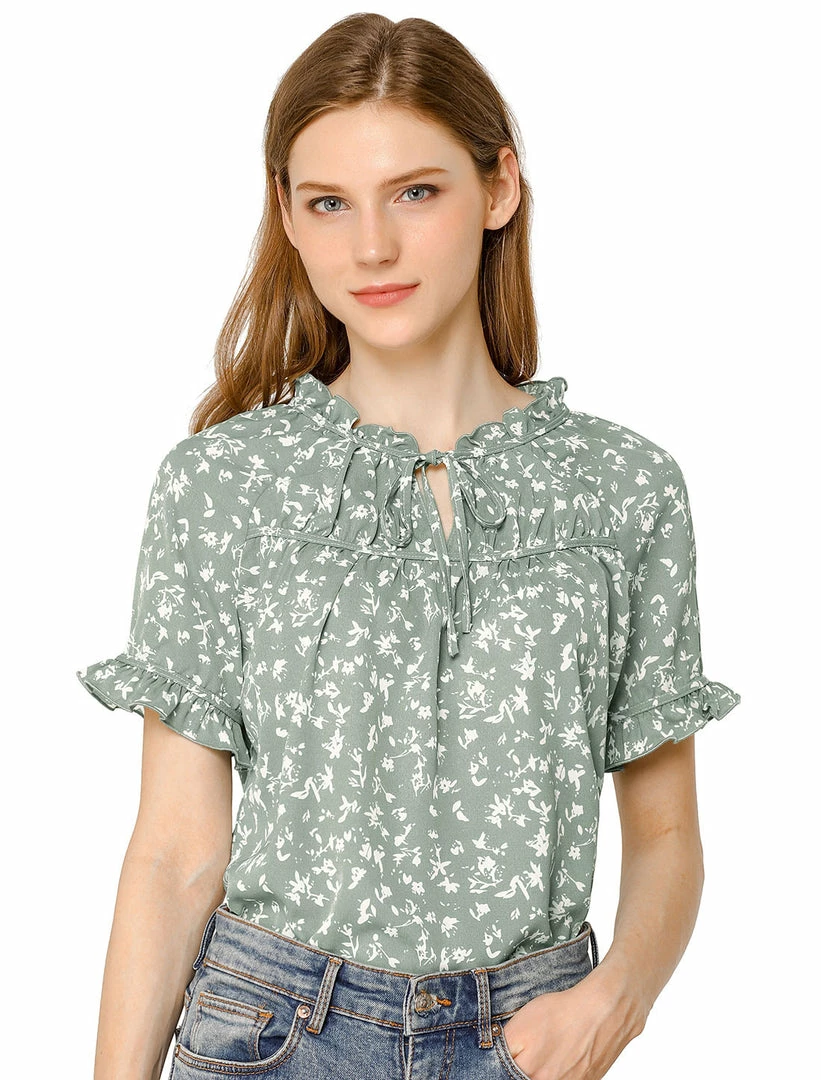 Allegra K Women's Floral Tie Neck Ruffle Short Sleeves Peasant Blouse Top 3 Allegra K Women's Floral Tie Neck Ruffle Short Sleeves Peasant Blouse Top
