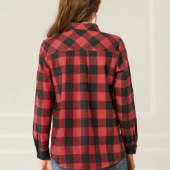 Allegra K Women's Casual Long Sleeve Collared Buffalo Check Blouse Button Down Plaid Shirt