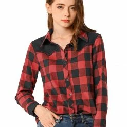 Allegra K Women's Casual Long Sleeve Collared Buffalo Check Blouse Button Down Plaid Shirt