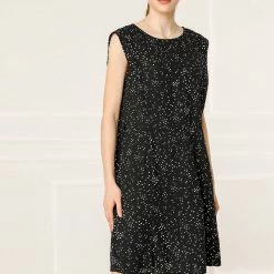 Allegra K Women's Cap Sleeve Knee Length Pockets Loose Dots Belted Shift Dress