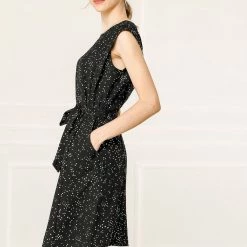 Allegra K Women's Cap Sleeve Knee Length Pockets Loose Dots Belted Shift Dress