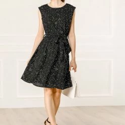 Allegra K Women's Cap Sleeve Knee Length Pockets Loose Dots Belted Shift Dress