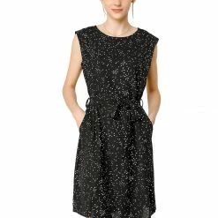 Allegra K Women's Cap Sleeve Knee Length Pockets Loose Dots Belted Shift Dress