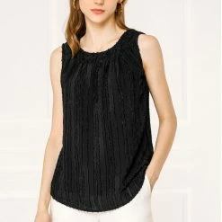 Allegra K Women's Casual Gathering Round Neck Sleeveless Striped Vest Top