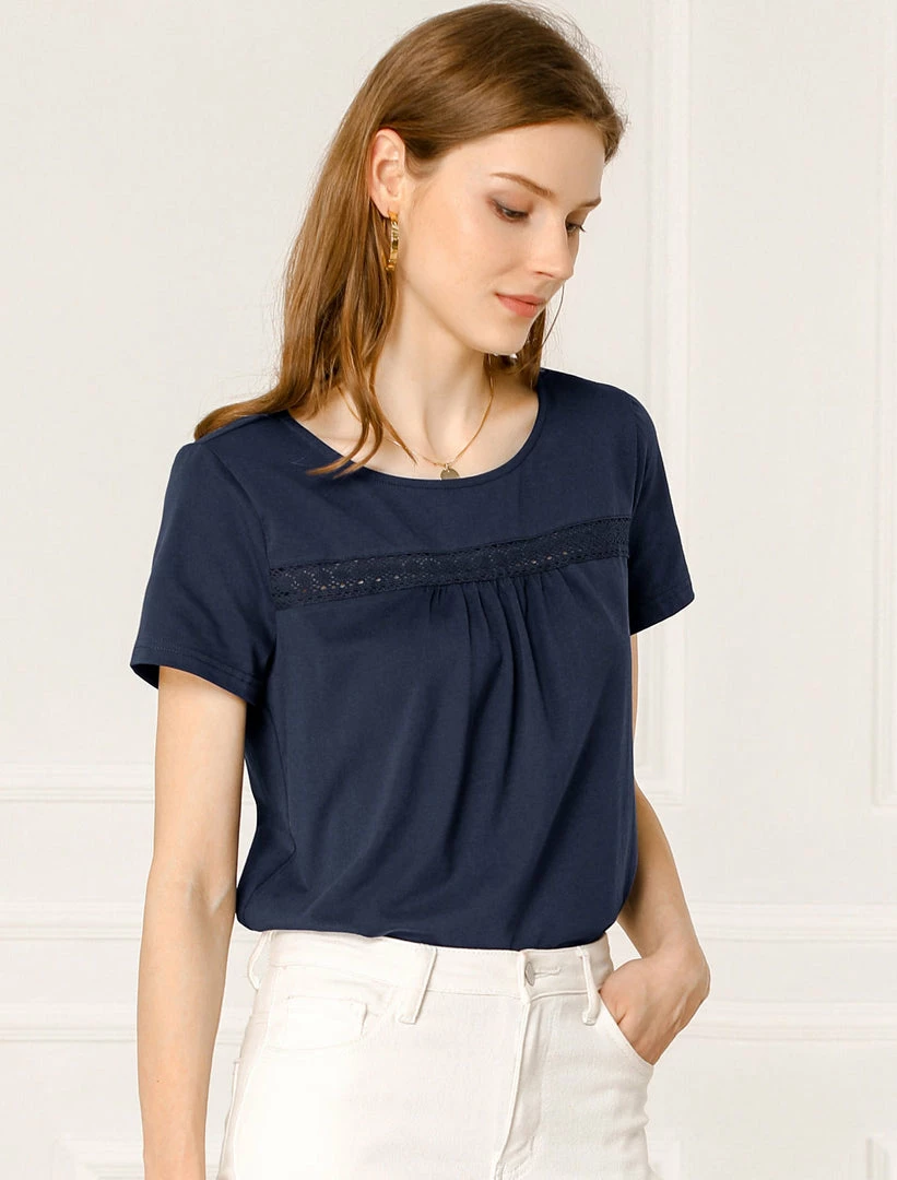 Allegra K Women's Round Neck Short Sleeve Lace Trim Pleated Front Solid Color Blouse Top 4 Allegra K Women's Round Neck Short Sleeve Lace Trim Pleated Front Solid Color Blouse Top