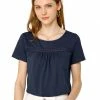 Allegra K Women's Round Neck Short Sleeve Lace Trim Pleated Front Solid Color Blouse Top