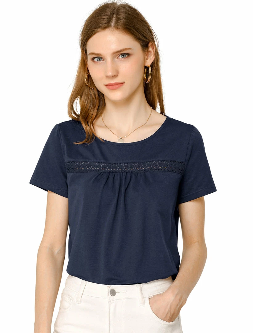 Allegra K Women's Round Neck Short Sleeve Lace Trim Pleated Front Solid Color Blouse Top 3 Allegra K Women's Round Neck Short Sleeve Lace Trim Pleated Front Solid Color Blouse Top