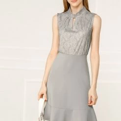 Allegra K Women's Floral Keyhole Ruffled Hem Work Elegant Sleeveless Dress