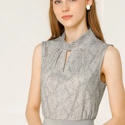 Allegra K Women's Floral Keyhole Ruffled Hem Work Elegant Sleeveless Dress