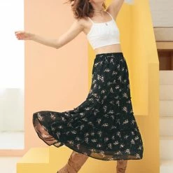 Allegra K Women's Floral Elastic Waist Tiered A-Line Long Chiffon Skirt