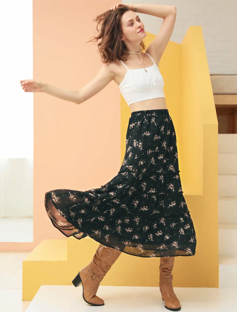 Allegra K Women's Floral Elastic Waist Tiered A-Line Long Chiffon Skirt 3 Allegra K Women's Floral Elastic Waist Tiered A-Line Long Chiffon Skirt