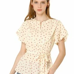 Allegra K Women's Chiffon Belted Ruffle Heart Print Blouse