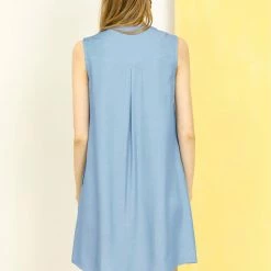 Allegra K Women's Button Up Shirtdress Sleeveless Tunic Denim Chambray Dress With Pocket