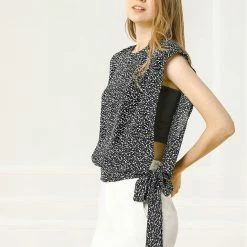 Allegra K Women's Printed Round Neck Tie Hem Casual Blouse Tops W Tube