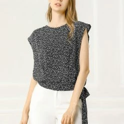 Allegra K Women's Printed Round Neck Tie Hem Casual Blouse Tops W Tube