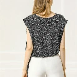 Allegra K Women's Printed Round Neck Tie Hem Casual Blouse Tops W Tube