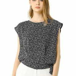 Allegra K Women's Printed Round Neck Tie Hem Casual Blouse Tops W Tube