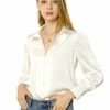 Allegra K Women's Satin Blouse Puff Sleeve Point Collar Vintage Button Up Shirt Tops