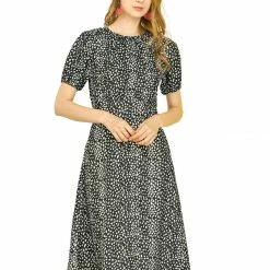 Allegra K Women's Gathering Round Neck Dress Short Sleeve Elastic Cuff Tie Strap Back Dresses