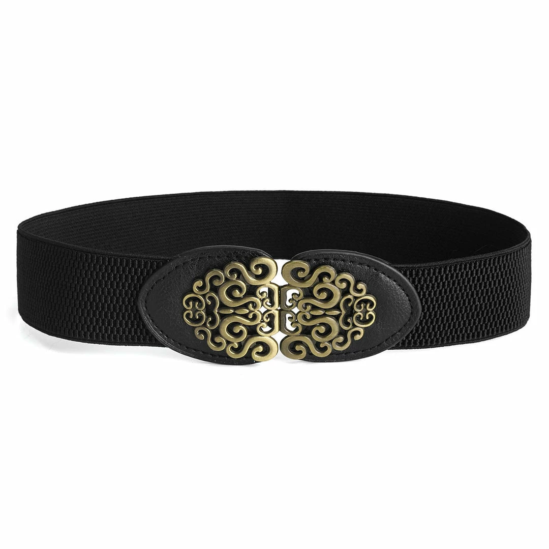 Allegra K Women Gold Tone Flower Design Metal Interlocking Buckle Elastic Cinch Belt Waistbelt 3 Allegra K Women Gold Tone Flower Design Metal Interlocking Buckle Elastic Cinch Belt Waistbelt