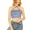 Allegra K Women's Striped Floral Letter Cami Sleeveless Criss Cross Crop Spaghetti Strap Halter Top
