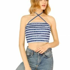 Allegra K Women's Striped Floral Letter Cami Sleeveless Criss Cross Crop Spaghetti Strap Halter Top