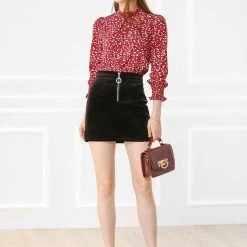 Allegra K Women's Ruffled Neck Smocked Long Sleeve Floral Printed Blouse Top