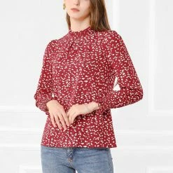 Allegra K Women's Ruffled Neck Smocked Long Sleeve Floral Printed Blouse Top