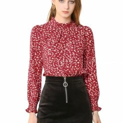 Allegra K Women's Ruffled Neck Smocked Long Sleeve Floral Printed Blouse Top