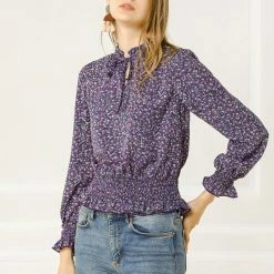 Allegra K Women's Smocked Puff Sleeve Ruffle Peplum Ditsy Floral Top Blouse