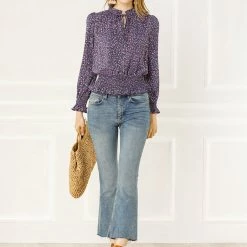 Allegra K Women's Smocked Puff Sleeve Ruffle Peplum Ditsy Floral Top Blouse